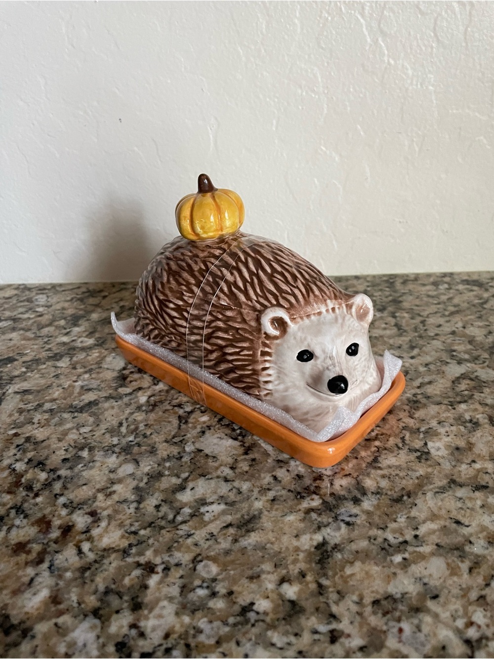 Ceramic Hedgehog with Pumpkin Covered Butter  Dish - Brown & Orange